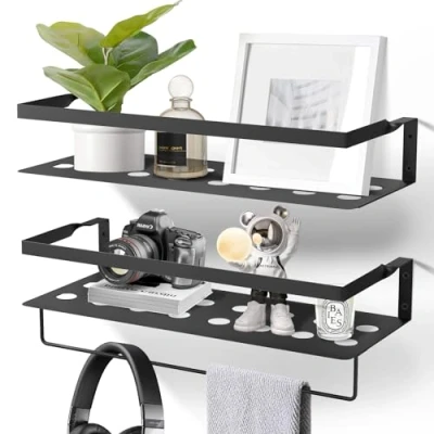 Imagen de Uten Juego de 2 Estantes Pared, 40 cm Largo, Moderno y Clásico, con Toallero, Ahorra Espacio, Apto para Salón, Dormitorio, Cocina, Baño, Hierro