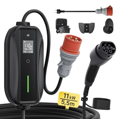 Imagen de dé Mobile Wallbox/estación de carga 11 kW [3 fases5 m6 16A] con potencia ajustable, cable CEE 16A a tipo 2 y cargador EV para modelos Y/3, ID.3/4/5, MG4, EX30, e up, tron, Zoe