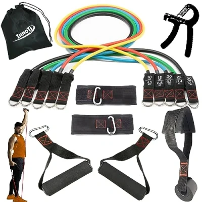 Imagen de InnoTi Bandas Elásticas de Musculación y Fitness Gomas Crossfit Gimnasio en Casa Set Tubos Resistencia Latex Asas Cintas Tobillos Acolchadas Anclaje Puerta 150 LB