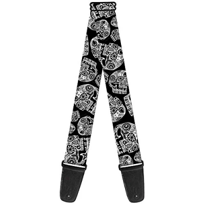 Imagen de Correa para guitarra con hebilla, diseño de calaveras azúcar The Dust of Living II, color negro y blanco, 5 cm ancho, 71 137 longitud