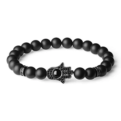 Imagen de COAI Pulsera Unisex con Cuentas de Ónice Mate y Amuleto Mano Fátima
