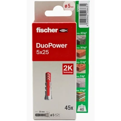 Imagen de fischer Duopower 5x25 45U, Tacos para pared multimaterial, sirven Colgar Bicicletas, Cuadros, Armarios, Soportes de Televisión, Estanterías, Muebles.