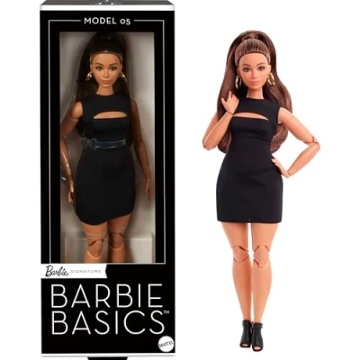 Imagen de Barbie Basics Modelo 05 Muñeca de coleccionista, minivestido negro y zapatos tacón, ropa intercambiable con otras muñecas, cuerpo articulado figura curvilínea cabeza intercambiable, JBH73