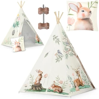 Imagen de NUKIDO Children&#039;s Teepee Play Tent in Montessori Style, Cotton and Wooden Frame with Cushion, Airy, 120 x 170 cm, Stabilisation, Bambi