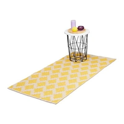 Imagen de Relaxdays Läufer Baumwolle 70 x 140 cm Alfombra de Pasillo con Rombos, Algodón, 70x140 cm, Antideslizante, Tejida a Mano, para Cocina, Amarillo