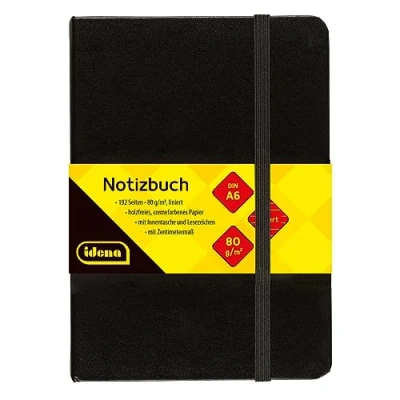 Imagen de Idena 209285 Cuaderno DIN A6, rayado, papel crema, 192 páginas, 80 g/m², tapa dura en negro, 1 ud.