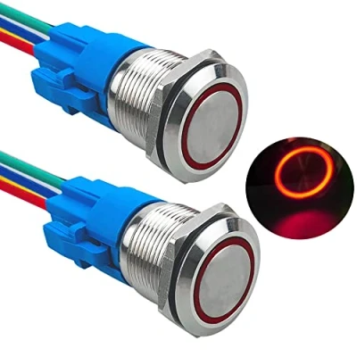 Imagen de Aiqeer 2 Piezas 19 mm Interruptores de Botón Momentáneo, 12V / 24V 5A Interruptor LED Rojo, Pulsador Metálico Impermeable, con Enchufe Precableado