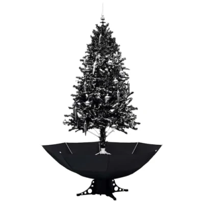 Imagen de vidaXL Árbol de Navidad con Nieve y Base Paraguas Decoración Adornos Festivos Artificial Navideño Echa Cayendo Luces PVC Negro 190 cm