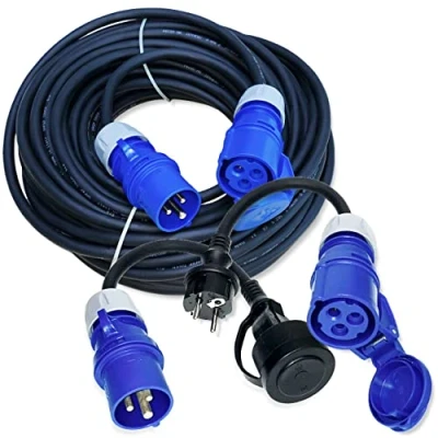 Imagen de Juego de Cables Camping 25 m, alargador Goma, Cable alimentación y 2 adaptadores CEE H07RN F 3G2,5 IP44, 3 x 2,5 mm 230 V 16 a Enchufe Schuko Toma Hembra