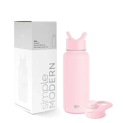 Imagen de Simple Modern Botella Agua Acero Inoxidable con Pajita y Tapa para Beber de Golpe Térmica Aislada Deportes Gimnasio Summit 950ml Blush