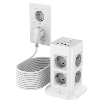Imagen de TESSAN Regletas Enchufes 8 Tomas con USB C, Alargador Enchufe 10 Metros, Regleta Proteccion Sobretension 3 A y Torre Vertical Interruptor, Ladron 3600W