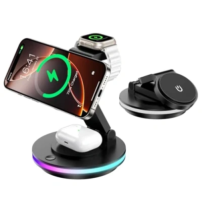 Imagen de Cargador mag Safe, Estación de Carga 3 en 1 para Apple Watch y iPhone, Plegable, Giratorio con Ajuste Luz, Inalámbrico Soporte iPhone 16/15/14, AirPods (Sin Adaptador) Negro