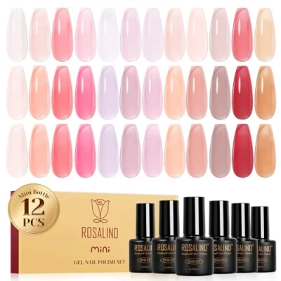 Imagen de ROSALIND Esmaltes Semipermanentes Jelly, 12 Colores Nude Rosa Marrón Rojo Jelly Transparente Para Uñas, Soak Off Mini UV/LED Pintauñas Semipermanente Manicure