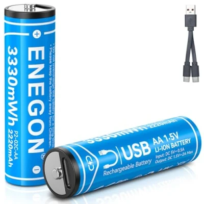 Imagen de ENEGON 2 Pilas Recargables de Litio AA, 1,5 V Ion USB AA con Cable Carga en 1 Tipo C, rápida Horas