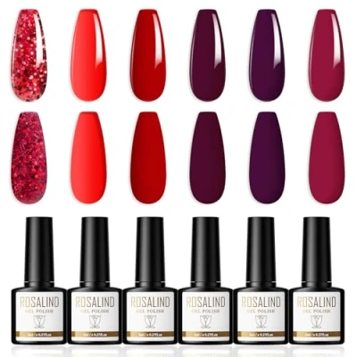 Imagen de ROSALIND Pintauñas Semipermanentes, 6 Colores Esmaltes Semipermanentes Para Uñas Rojo Intenso Oscuro Vivo Glitter Gel Nail Polish Soak Off UV/LED, Art DIY de Otoño e Invierno, 8ml