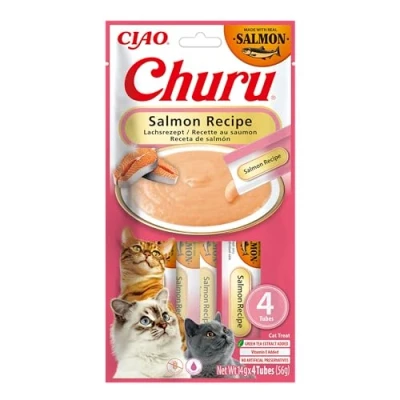 Imagen de INABA Snack para Gatos Salmón y Tapioca con extracto de salmón, Vitamina E té Camelia Golosina Natural Alto Contenido Humedad, Textura Suave Receta Deliciosa
