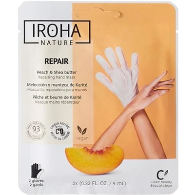 Imagen de Iroha Nature Guantes Mascarilla Reparadores Melocotón y Manteca de Karité Hidratación Reparación para Manos Dañadas Agrietadas Vegano 93% Ingredientes Naturales Sachet 20ml 2 Uds