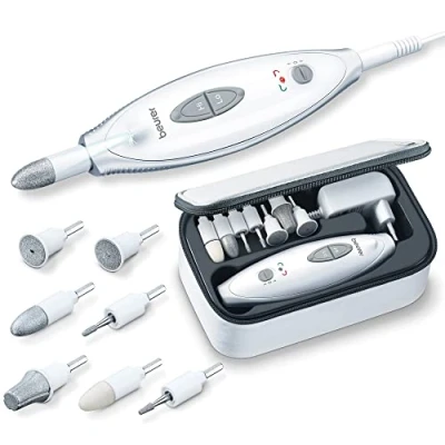 Imagen de Beurer MP 41 Set de manicura y pedicura profesional, torno para uñas con 7 accesorios, luz LED, rotación derecha/izquierda, 2 velocidades, bolsa incluida, Color Blanco
