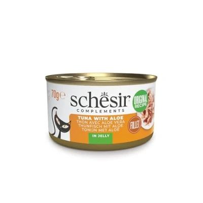 Imagen de Schesir, Filetes de Atún con Aloe en Gelatina, Comida Húmeda Complementaria para Gatos, Latas, Receta Original, 100% Natural, 12 x 70g