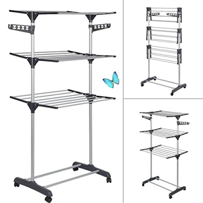 Imagen de Tendedero de Ropa Plegable Vertical, Tipo Torre Tres Estante con Cuatro Ruedas, Espacio Secado, Capacidad para 15 KG (72*56*152cm (Gris))