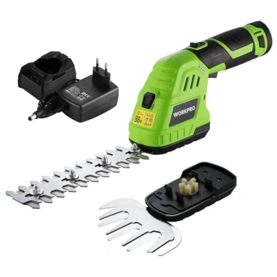 Imagen de WORKPRO 12V Tijeras Cortacésped y Arreglasetos 2 en 1, Cortasetos Eléctrico para Césped Arbustos con Cuchillas, Batería Cargador, Arreglaseto Ancho de Corte 12,5 cm Jardinería, Verde