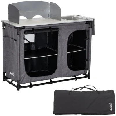 Imagen de skandika Ruoka Cocina de Camping Armario con Marco Aluminio, Protector contra Viento y Salpicaduras Desmontable, Fregadero, Compartimentos Almacenamiento, Bolsa Transporte