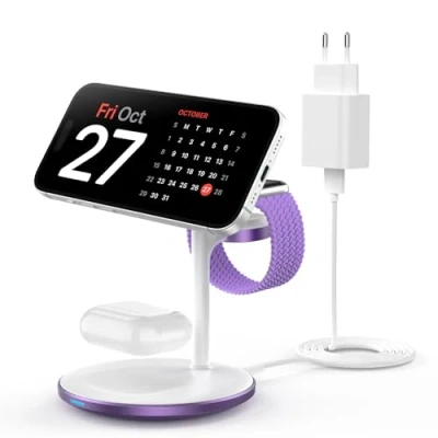 Imagen de estación de Carga inductiva 3 en 1 para Varios Dispositivos, mag Safe 15 W iPhone 14, Cargador iWatch Ultra 2/1/Series 9, AirPods, Morado