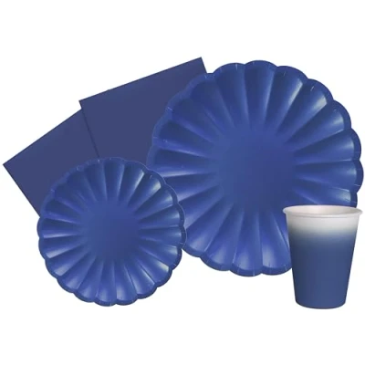 Imagen de Ciao Kit Vajilla de Fiesta Flower Shape para 8 personas (44 pcs: platos Ø23cm, Ø18cm, vasos 250ml, 20 servilletas 33x33cm) papel compostable eco friendly, azul