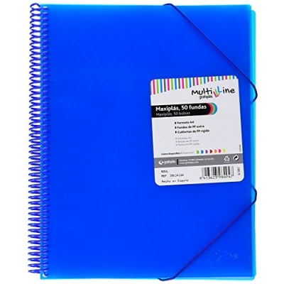 Imagen de Grafoplás Carpeta Espiral con 50 Fundas Transparentes A4 Color Azul PVC Tapas Polipropileno Gomas de Cierre Maxiplás Multiline