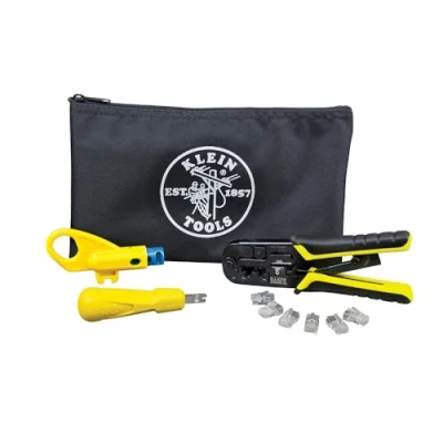 Imagen de Klein Tools VDV026 212 Kit de instalación coaxial con herramienta crimpado, cortador cables, pelacables y conectores F bolsa almacenamiento