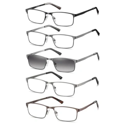 Imagen de Amcedar 5 pack Gafas de Lectura Hombres Estilo marco Rectangular Acero Inoxidable Materiales Metal Bisagras Resorte incluye sol +2.00
