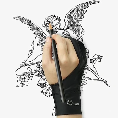 Imagen de UGEE Guante de Artista para Dibujo, Guantes Dobles Acolchados Mejorados, Dos Dedos iPad, Tableta gráfica lápiz óptico, Pintura, Talla S