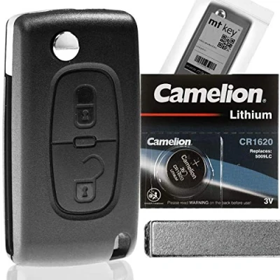 Imagen de Carcasa plegable para llave de coche con mando a distancia 2 botones y batería compatible Citroen/Peugeot/Fiat