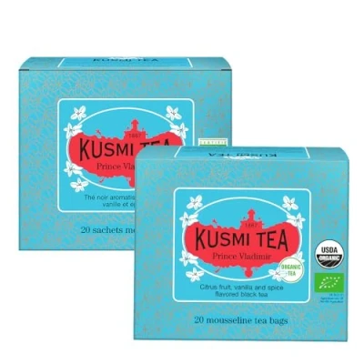 Imagen de Kusmi Tea Juego de 2 Cajas Té Prince Vladimir Negro 100% Orgánico Aromatizado con Cítricos, Vainilla y Especias Earl Grey Cafeína 2x20 Bolsas