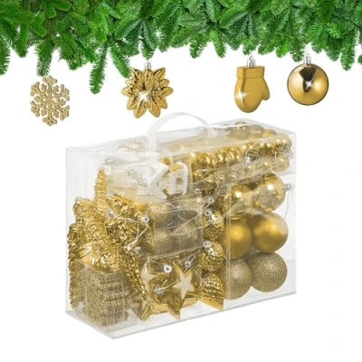 Imagen de Relaxdays Set 100 Bolas Árbol Navidad, Bolitas Navideñas Brillantes, con Purpurina y Mate, 10 Diseños, Dorado, 9 x 8,5 2,5 cm