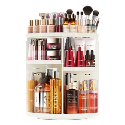 Imagen de Auxmir Organizador de Maquillaje Giratorio 360, Perfumes y Cremas, Almacenaje con 7 Baldas Ajustables, para Pintalabios Brochas Baño Tocador, Gran Capacidad, Blanco
