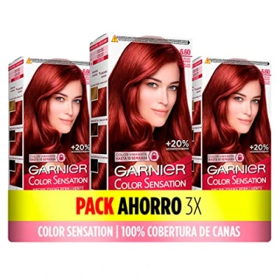 Imagen de Garnier Pack de 3 Cajas Coloración Color Sensation Garnier: Vivo y Duradero, Cobertura Completa Canas, Fácil Aplicación con Bol Pincel, Cabello Suave Sedoso, 6.60 Rojo Intenso
