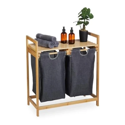 Imagen de Relaxdays Estantería Cesto Ropa Sucia, Bambú, Extraíbles, 73x64x33 cm, 2 Sacos y 1 Balda, Cubo Lavandería, Natural/Gris