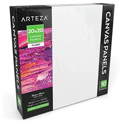 Imagen de Arteza Paneles de lienzo para pintar cuadros 20x20 cm Pack 10 100% algodón Imprimación sin ácidos Lienzos pintura profesionales, aficionados y principiantes