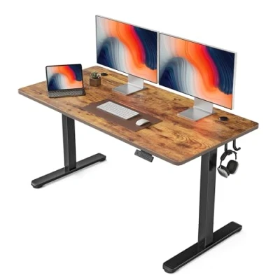 Imagen de FEZIBO Escritorio Eléctrico de Pie 140 * 60 cm Mesa Altura Ajustable con Tablero, Pies en T Acero, Sistema Anticolisión, Panel Control Funciones Memoria