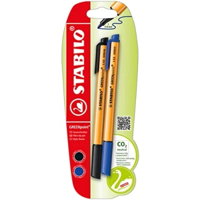 Imagen de Rotulador punta de fibra fabricado en un 87% con plásticos reciclados STABILO GREENpoint Pack 2 unidades Color azul y negro