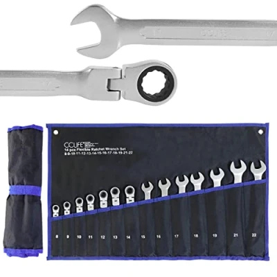 Imagen de CCLIFE 14 piezas Juego de Llave Trinquete Articuladas Llaves Combinadas Flexible Fijas con Carraca 8 22 mm, Cr V, 72 dientes