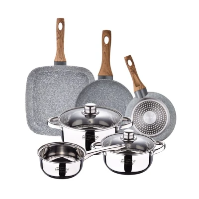 Imagen de San Ignacio batería 5 Piezas + Set 2 sartenes 28x28, Acero Inoxidable, Cromado, Pack Asador 18/20 cms