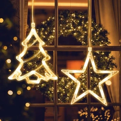 Imagen de Jsdoin Luces de Navidad, Estrella y árbol Navidad LED Cortina a Pilas, Temporizador, Ventana para Decoracion, Fiesta, Boda, Bar(Blanco Calido)