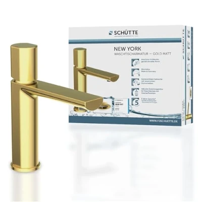 Imagen de Schütte 33617 Lavabo desagüe y válvula emergente, Monomando, Grifo de baño, Dorado, Oro