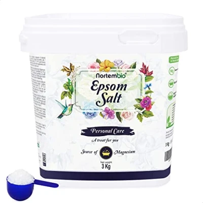 Imagen de Nortembio Sal de Epsom 3 Kg. Fuente Concentrada Magnesio Natural. Baño 100% Pura, sin Aditivos. Relajación Muscular y Buen Sueño. E Book Incluido.