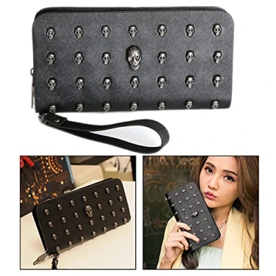 Imagen de OFKPO Larga PU Monedero Billetera de Cuero, Diseño con Calaveras， Cartera Mano para Mujer Negro