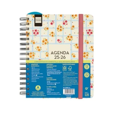Imagen de Finocam Agenda Docente Magistral Design Curso 2025 2026 Semana Vista Horizontal Septiembre Agosto (12 meses) Flowers Catalán