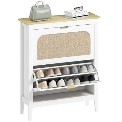 Imagen de HOMCOM Zapatero Estrecho con 2 Puertas de Ratán Entrada Recibidor Estantes Ajustables para 14 Pares Zapatos 80x24x95,5 cm Blanco