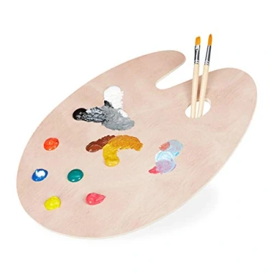 Imagen de Relaxdays Paleta Pintura Plana, con Orificio Pulgar, para Mezclar Témperas, Óleo, Madera, 40x30 cm, Natural